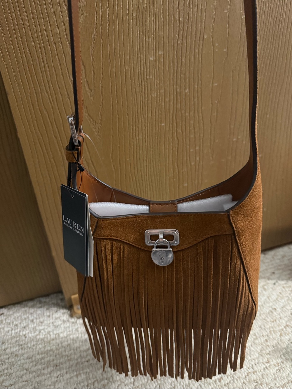 Lauren Ralph Lauren Tanner Small Suede Fringe Shoulder Bag Tan $325 - Picture 5 of 14